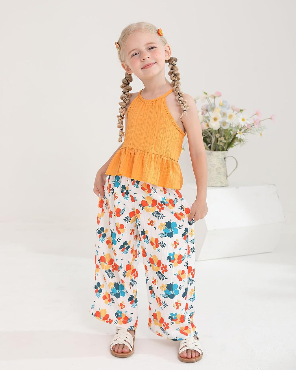 Kucnuzki Ropa de bebé niña pequeña trajes de verano Cami volantes halter tops pantalones de pierna ancha niños conjunto de ropa floral