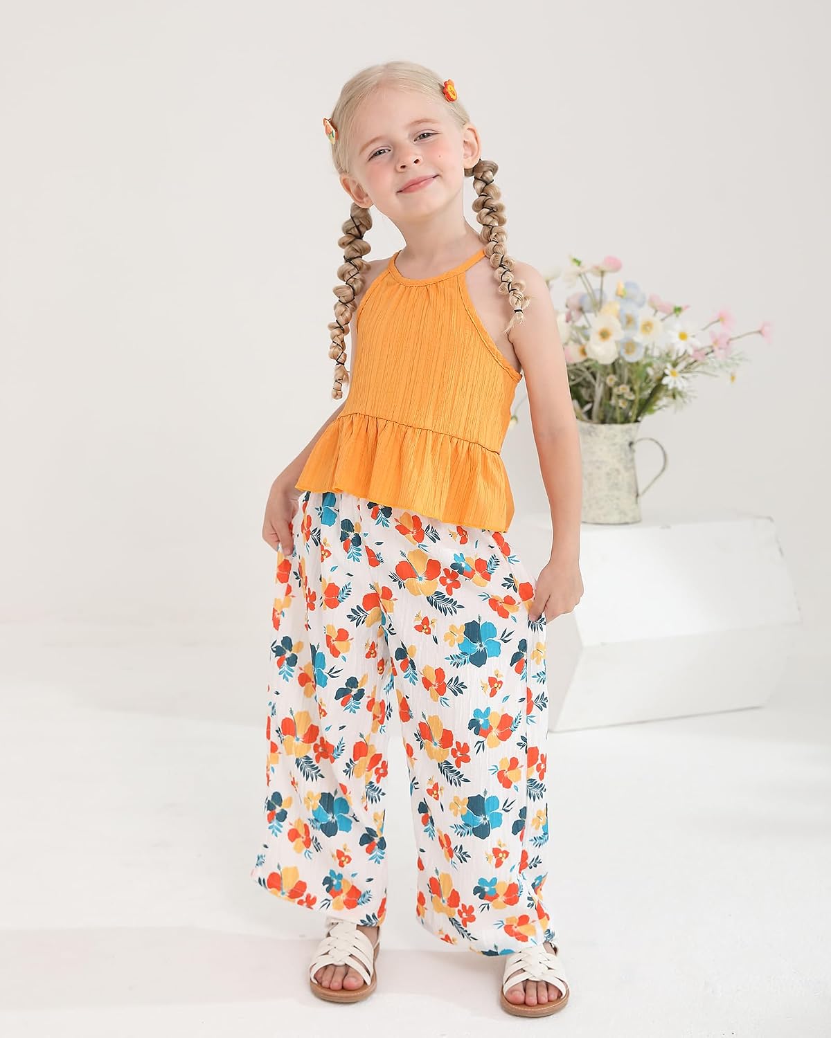 Kucnuzki Ropa de bebé niña pequeña trajes de verano Cami volantes halter tops pantalones de pierna ancha niños conjunto de ropa floral