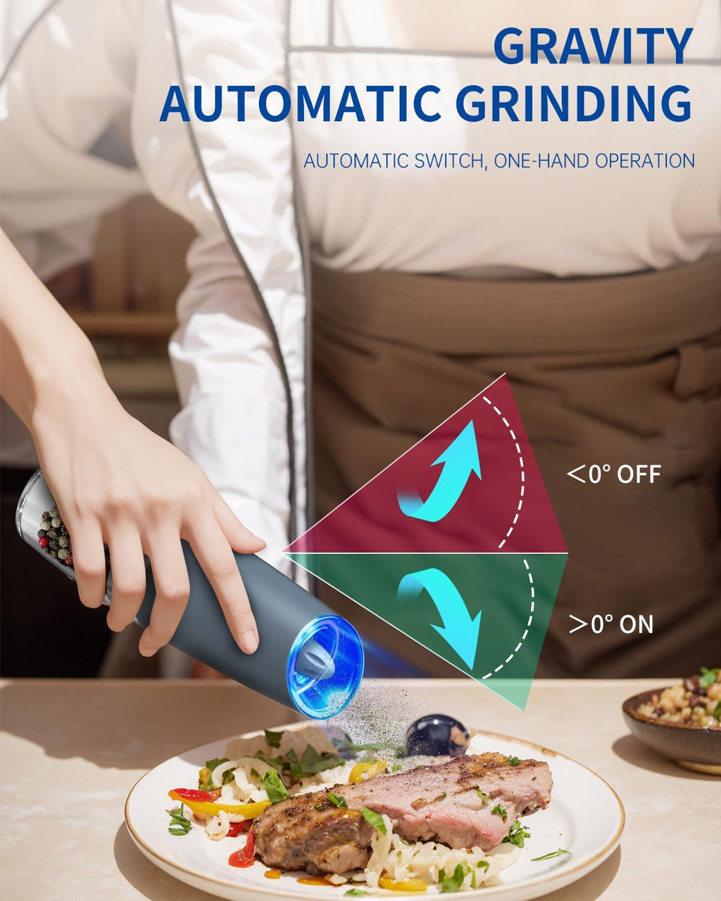 CIRCLE JOY Gravity - Juego de molinillo eléctrico de sal y pimienta con luz LED, funciona con pilas, grosor ajustable, gran capacidad, para el hogar, cocina, barbacoa