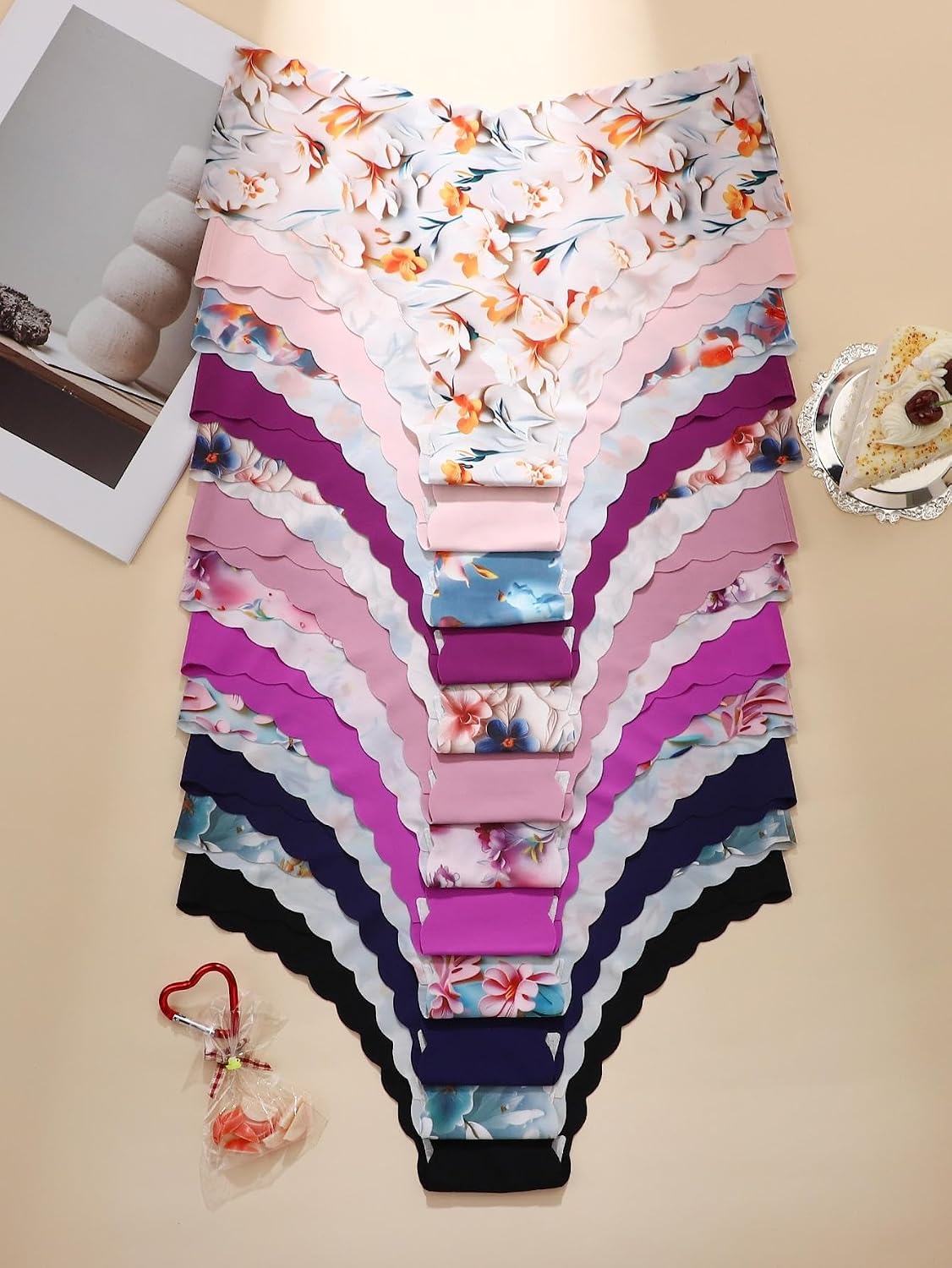 12 PCS Women's Seamless Underwear Set,Breathable Low-Rise Hipster,Floral Scallop Mid Rise No Show Panty Set