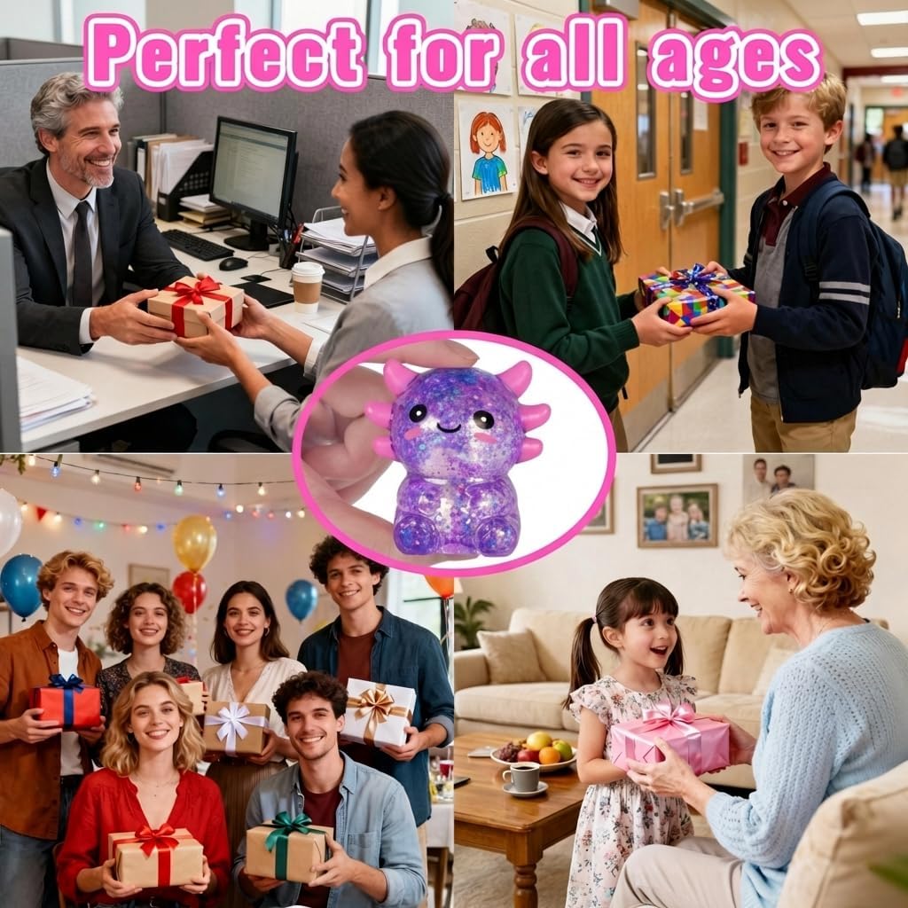 Axolotl - Juguete blando para aliviar el estrés – Lindo juguete para apretar con purpurina para niños y adultos, juguete sensorial para aliviar la ansiedad, recuerdo de fiesta de escritorio | Soft TPR, Floating Glitter, squeeze toy, busy hands, stress rel