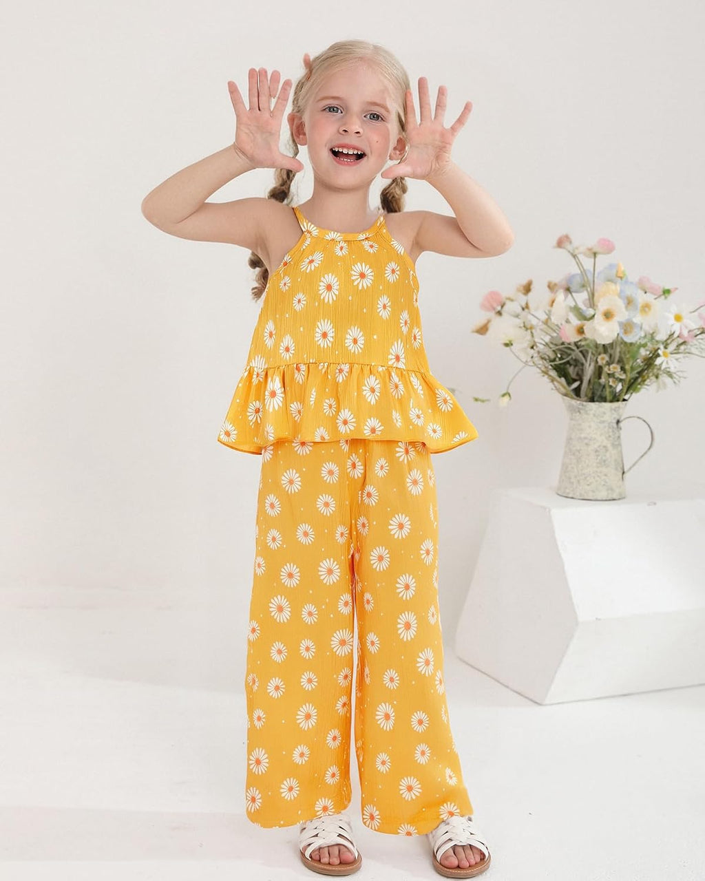 Kucnuzki Ropa de bebé niña pequeña trajes de verano Cami volantes halter tops pantalones de pierna ancha niños conjunto de ropa floral