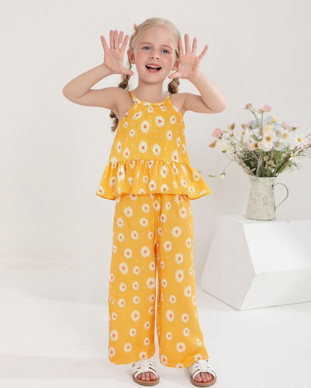 Kucnuzki Ropa de bebé niña pequeña trajes de verano Cami volantes halter tops pantalones de pierna ancha niños conjunto de ropa floral