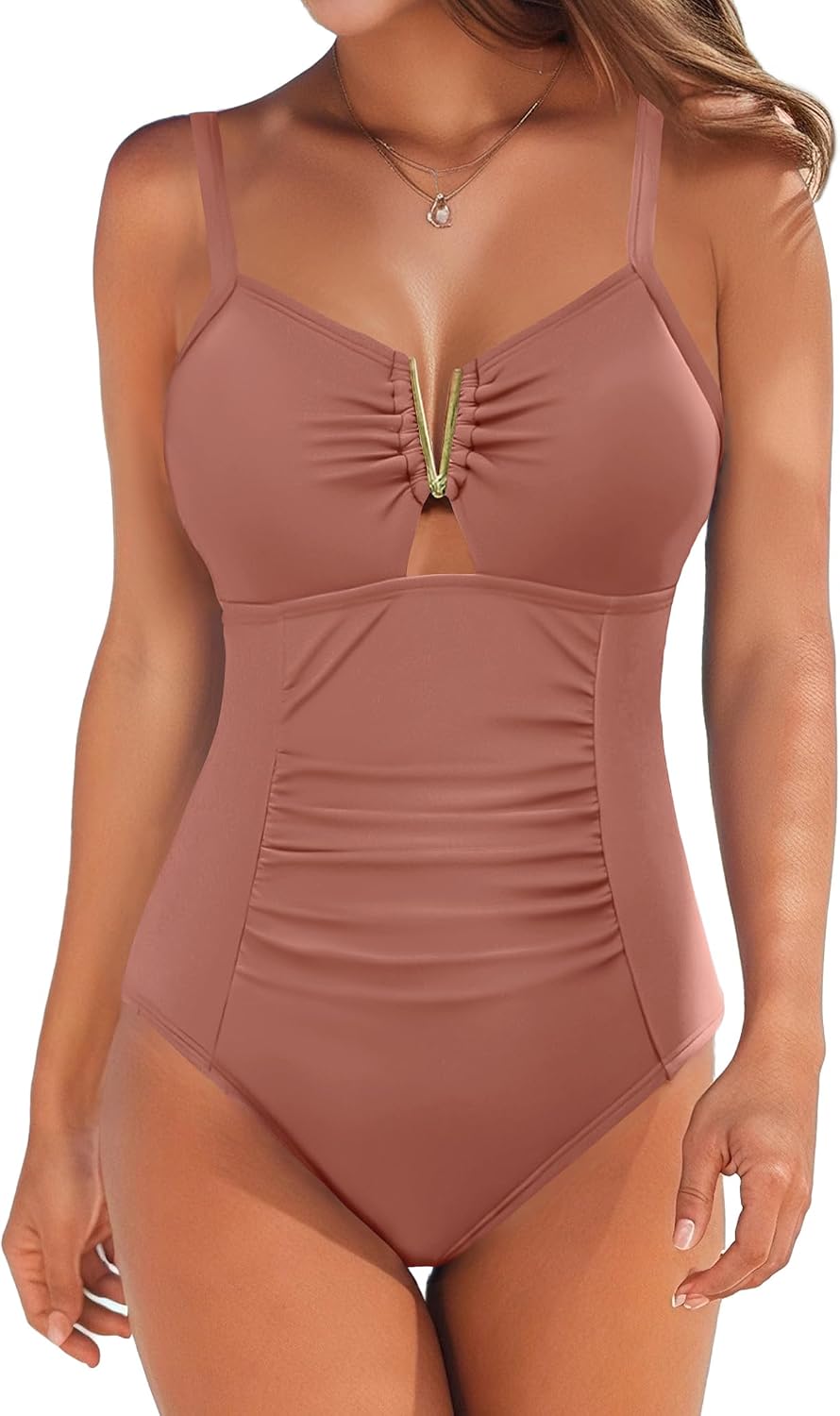 AI'MAGE Traje de baño de una pieza con control de abdomen para mujer, con cuello en V