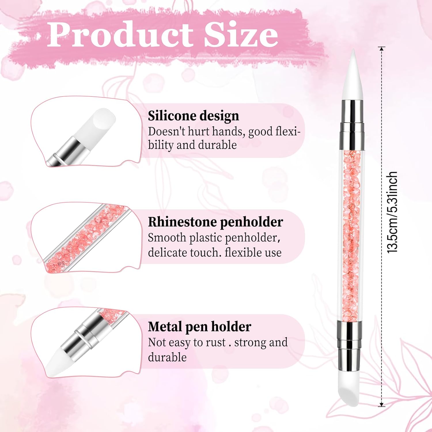 3 bolígrafos de escultura para arte de uñas, herramientas de uñas de silicona de doble punta, cabeza de silicona, pinceles de arte de uñas con mango acrílico, bolígrafo de tallado de esmalte de uñas | Silicone Head Acrylic Handle Nail Art Brushes, Rhinest