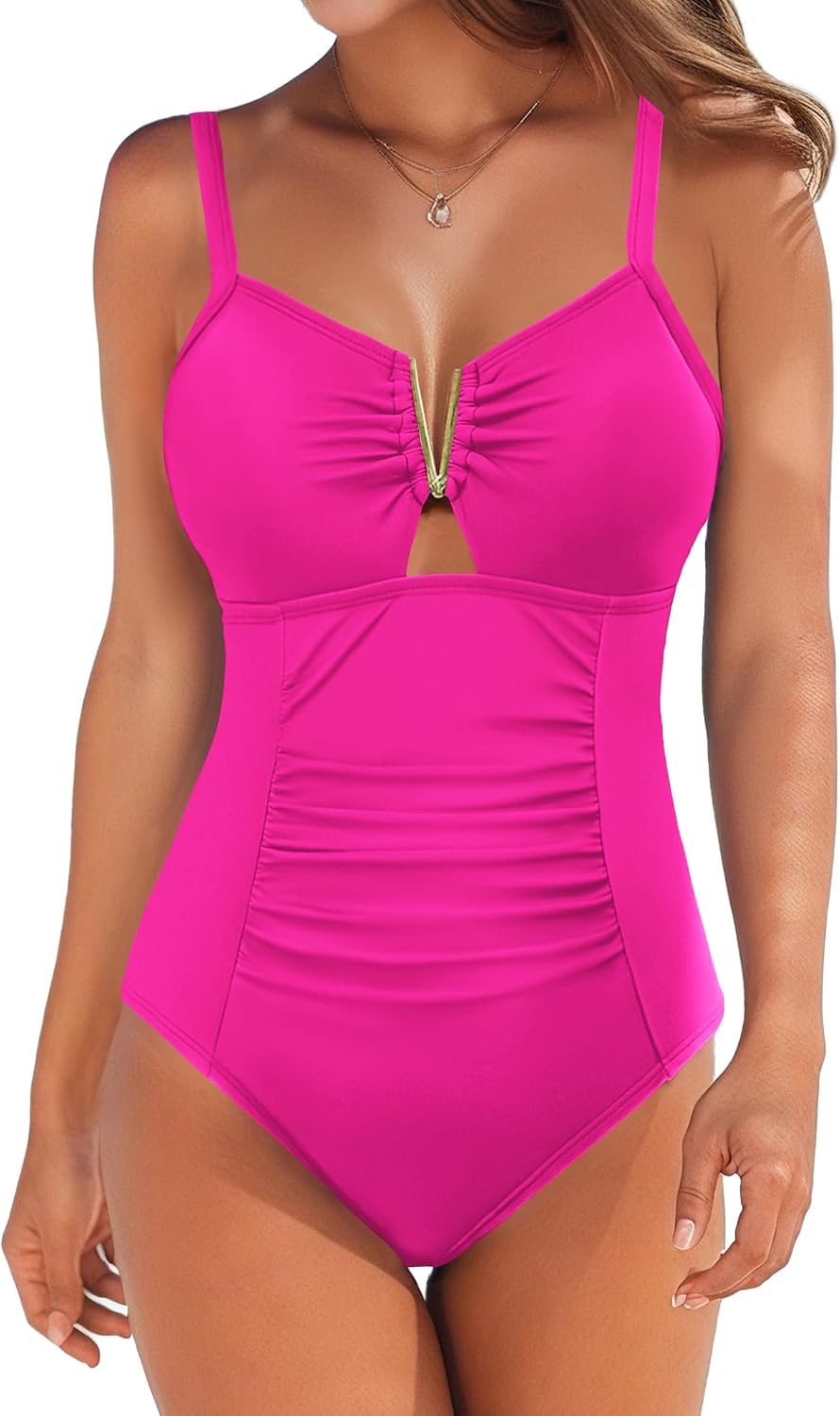AI'MAGE Traje de baño de una pieza con control de abdomen para mujer, con cuello en V