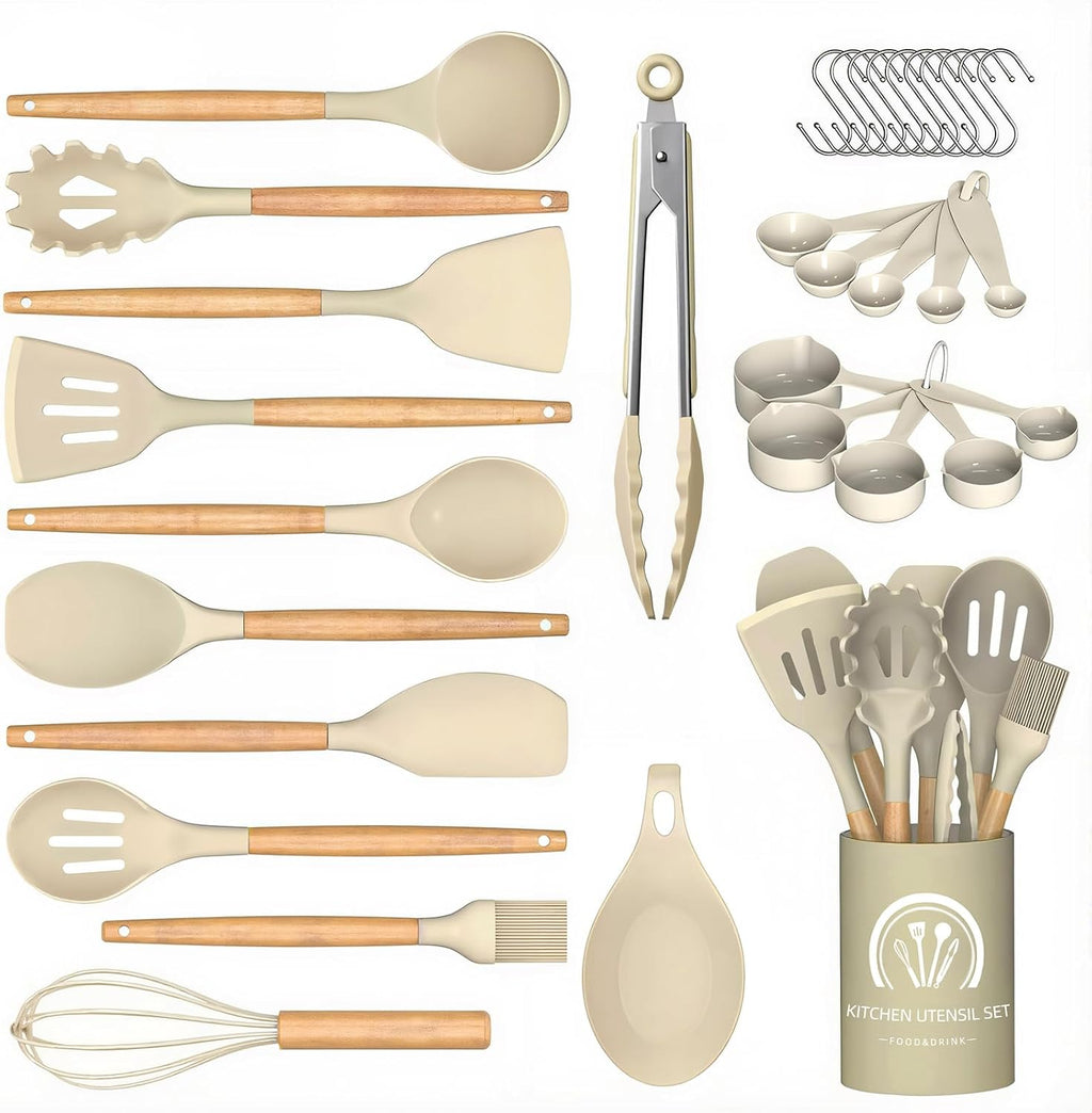 Juego de utensilios de cocina de silicona 33 piezas, grado alimenticio resistente al calor | Juego de utensilios de cocina de silicona antiadherentes sin BPA, con soporte, mango de madera de tacto frío (caqui)