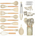 Juego de utensilios de cocina de silicona 33 piezas, grado alimenticio resistente al calor | Juego de utensilios de cocina de silicona antiadherentes sin BPA, con soporte, mango de madera de tacto frío (caqui)
