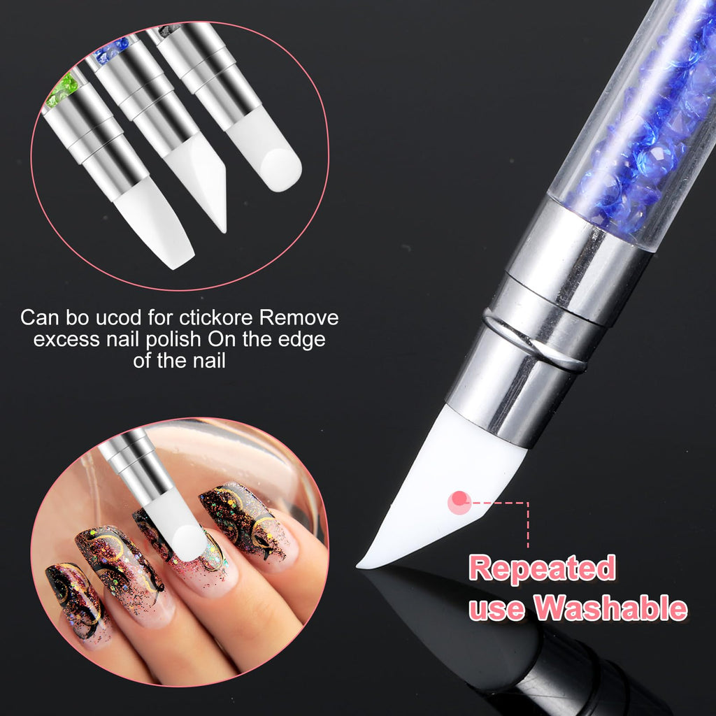 3 bolígrafos de escultura para arte de uñas, herramientas de uñas de silicona de doble punta, cabeza de silicona, pinceles de arte de uñas con mango acrílico, bolígrafo de tallado de esmalte de uñas | Silicone Head Acrylic Handle Nail Art Brushes, Rhinest