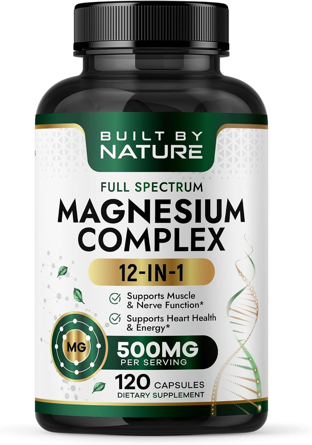 Built By Nature Complejo de magnesio de 500 mg, 120 cápsulas 12 formas de magnesio, glicinato, citrato, malato, óxido, quelado para absorción, músculo, nervio, corazón y apoyo para dormir