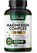 Built By Nature Complejo de magnesio de 500 mg, 120 cápsulas 12 formas de magnesio, glicinato, citrato, malato, óxido, quelado para absorción, músculo, nervio, corazón y apoyo para dormir