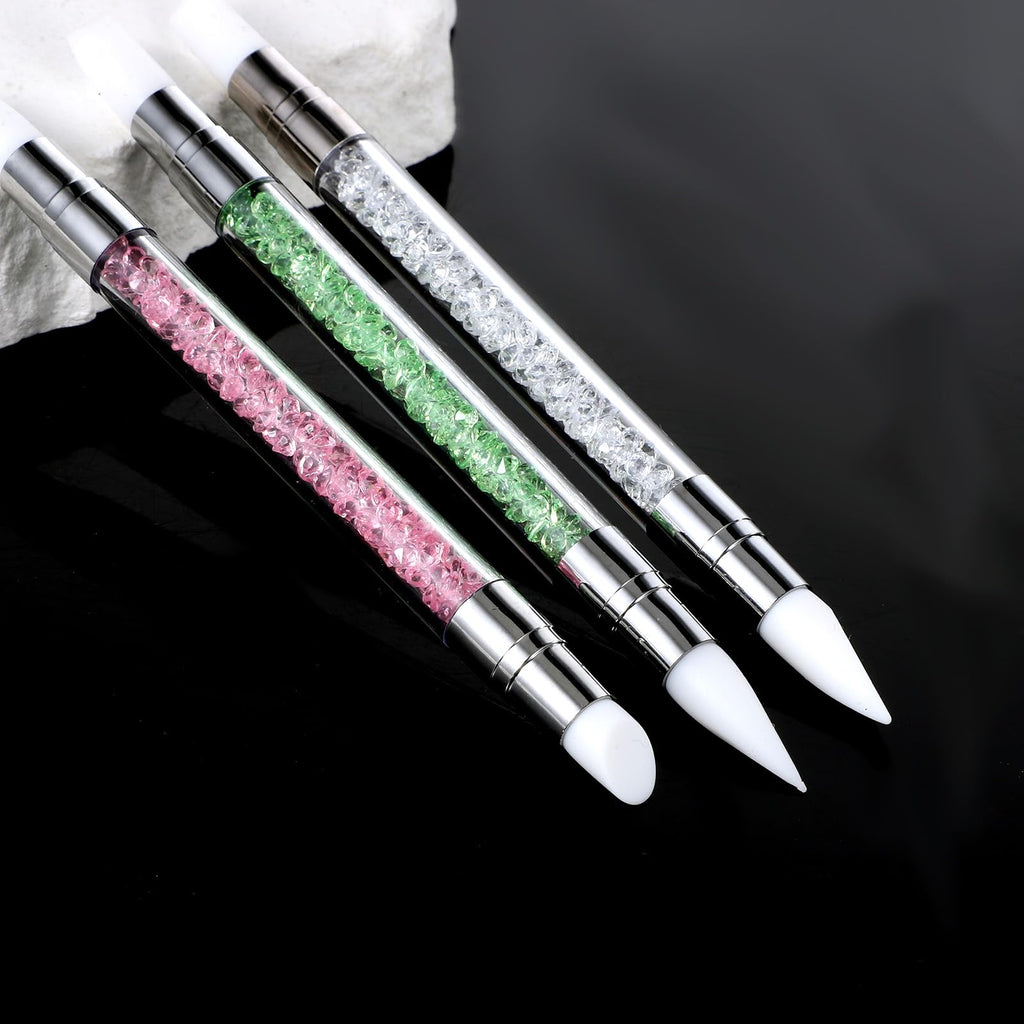3 bolígrafos de escultura para arte de uñas, herramientas de uñas de silicona de doble punta, cabeza de silicona, pinceles de arte de uñas con mango acrílico, bolígrafo de tallado de esmalte de uñas | Silicone Head Acrylic Handle Nail Art Brushes, Rhinest