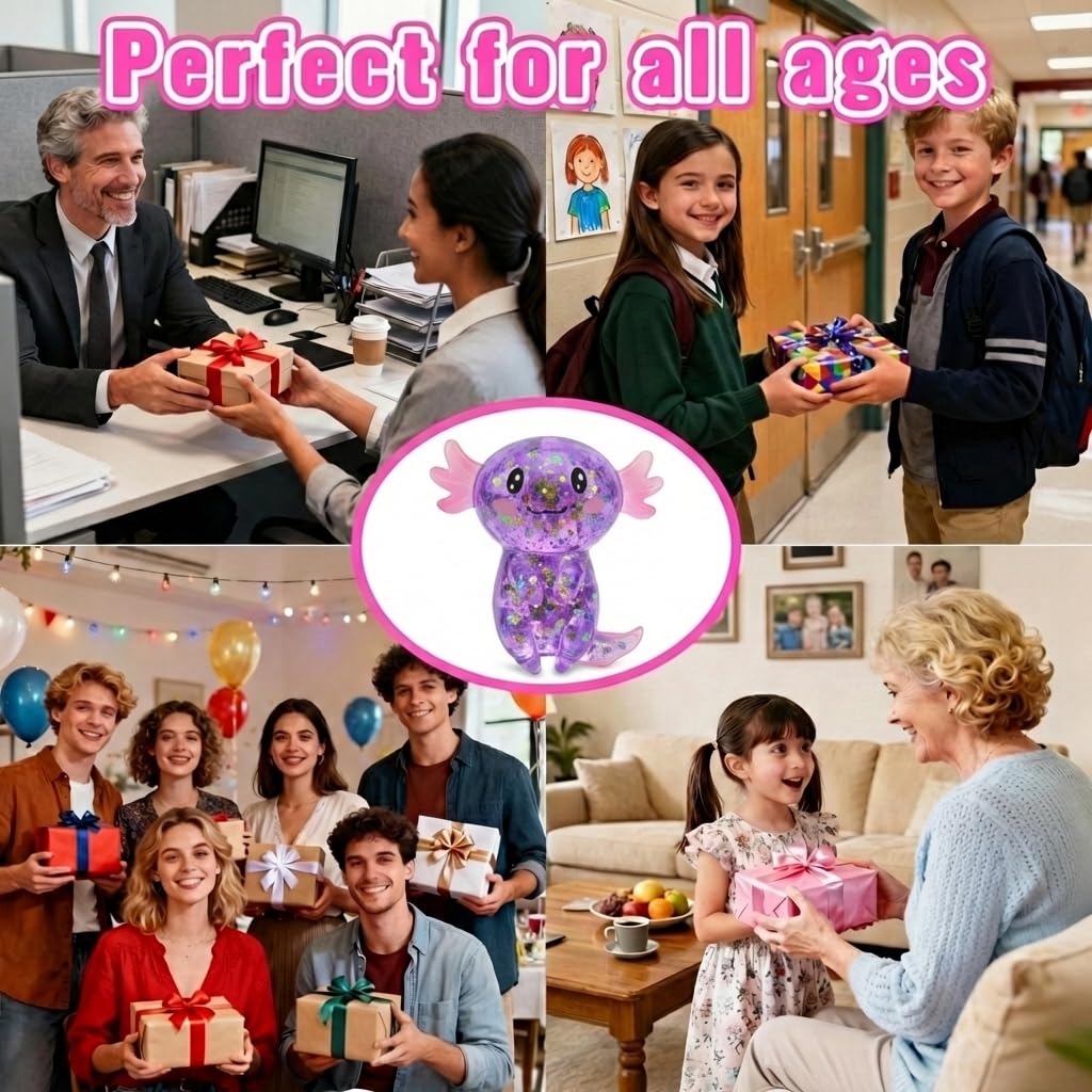 Axolotl - Juguete blando para aliviar el estrés – Lindo juguete para apretar con purpurina para niños y adultos, juguete sensorial para aliviar la ansiedad, recuerdo de fiesta de escritorio | Soft TPR, Floating Glitter, squeeze toy, busy hands, stress rel