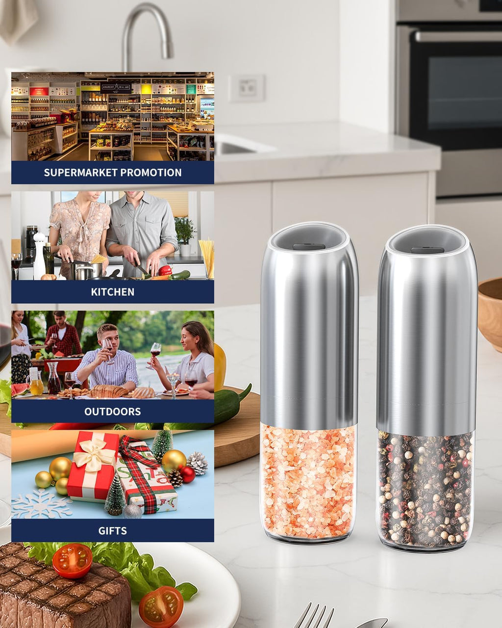 CIRCLE JOY Gravity - Juego de molinillo eléctrico de sal y pimienta con luz LED, funciona con pilas, grosor ajustable, gran capacidad, para el hogar, cocina, barbacoa