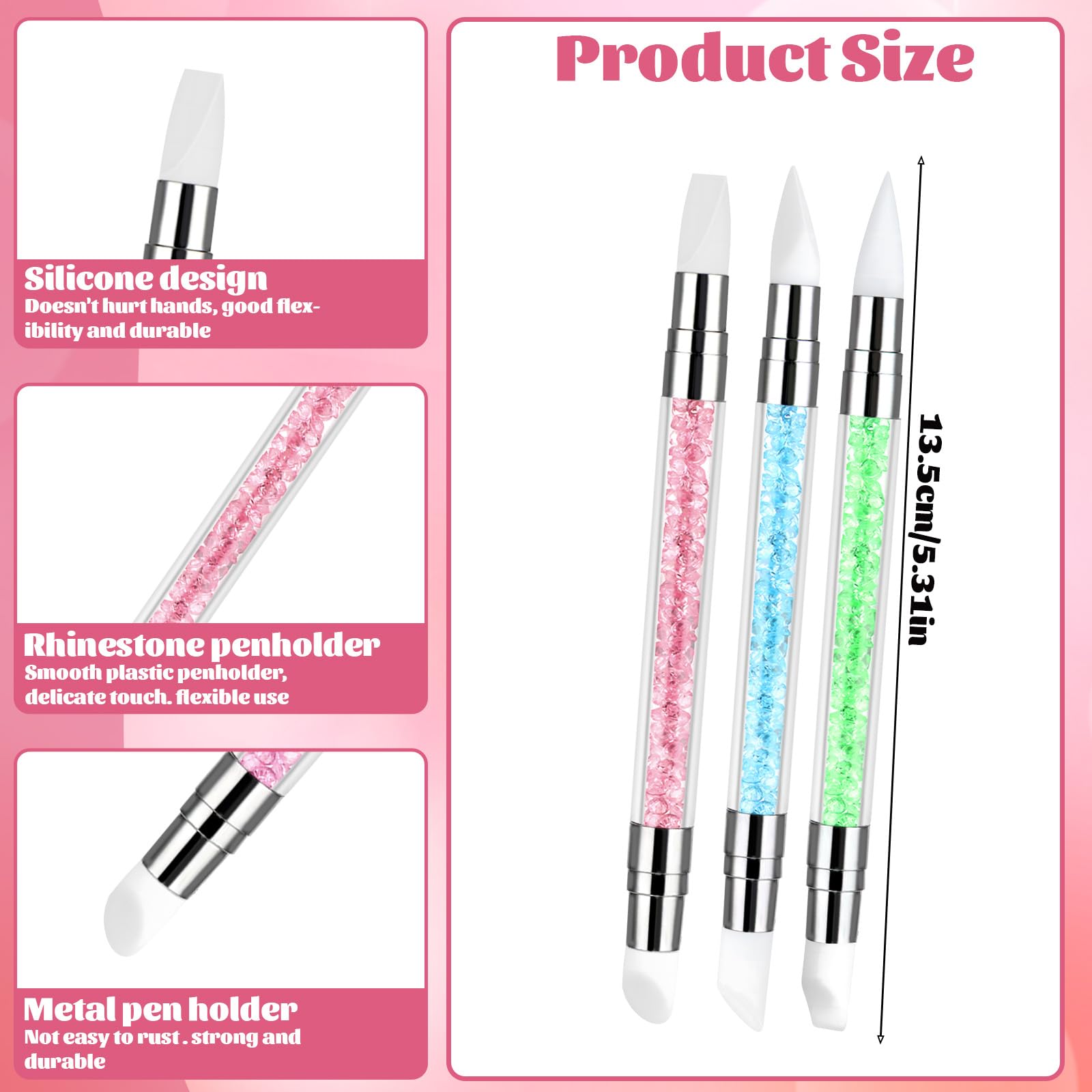 3 bolígrafos de escultura para arte de uñas, herramientas de uñas de silicona de doble punta, cabeza de silicona, pinceles de arte de uñas con mango acrílico, bolígrafo de tallado de esmalte de uñas | Silicone Head Acrylic Handle Nail Art Brushes, Rhinest