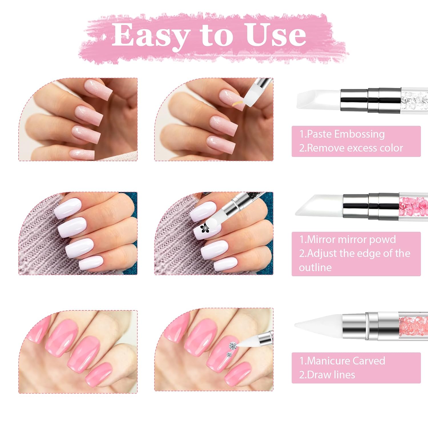 3 bolígrafos de escultura para arte de uñas, herramientas de uñas de silicona de doble punta, cabeza de silicona, pinceles de arte de uñas con mango acrílico, bolígrafo de tallado de esmalte de uñas | Silicone Head Acrylic Handle Nail Art Brushes, Rhinest