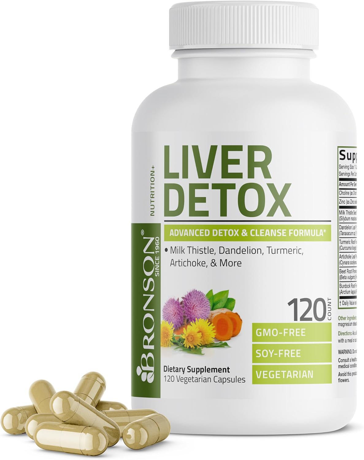 Bronson Desintoxicación Hepática Avanzada Fórmula de Limpieza y Descanso Apoya la Función Saludable del Hígado con Cardo Mariano, Raíz de Diente de León, Cúrcuma, Hoja de Alcachofa y Más, Sin GMO, 60 | Liver Health Support with Milk Thistle, Dandelion Ext