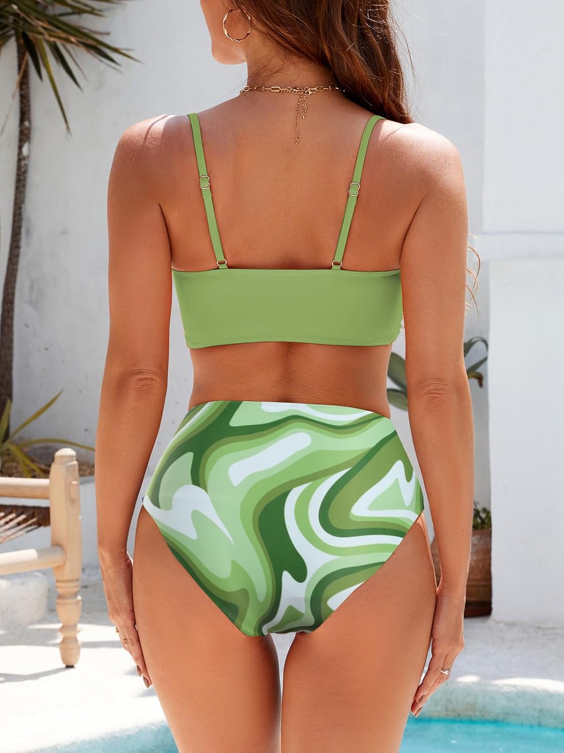 Conjunto de bikini de dos piezas para mujer, traje de baño con control de abdomen, cintura alta, cuello en V, ropa de playa, correas frontales torcidas