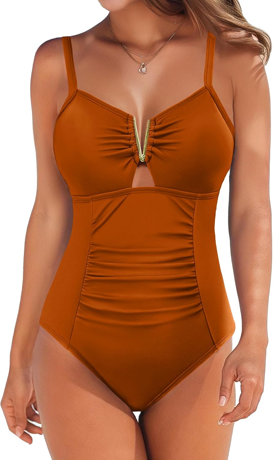 AI'MAGE Traje de baño de una pieza con control de abdomen para mujer, con cuello en V