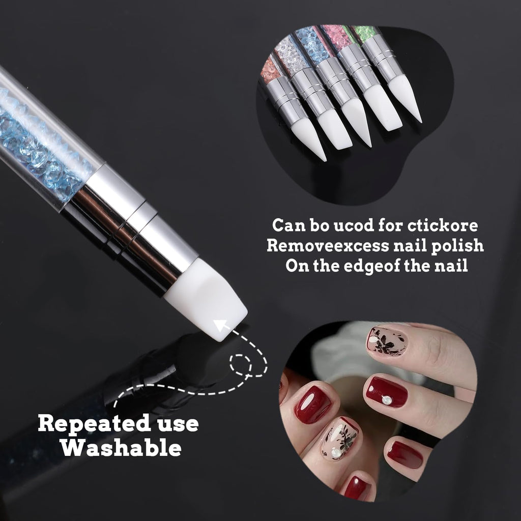 3 bolígrafos de escultura para arte de uñas, herramientas de uñas de silicona de doble punta, cabeza de silicona, pinceles de arte de uñas con mango acrílico, bolígrafo de tallado de esmalte de uñas | Silicone Head Acrylic Handle Nail Art Brushes, Rhinest