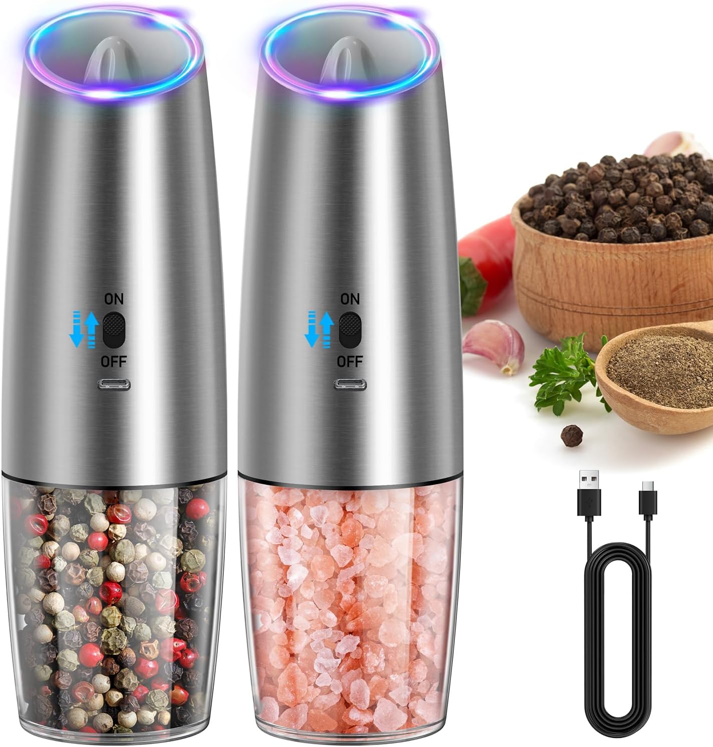 CIRCLE JOY Gravity - Juego de molinillo eléctrico de sal y pimienta con luz LED, funciona con pilas, grosor ajustable, gran capacidad, para el hogar, cocina, barbacoa