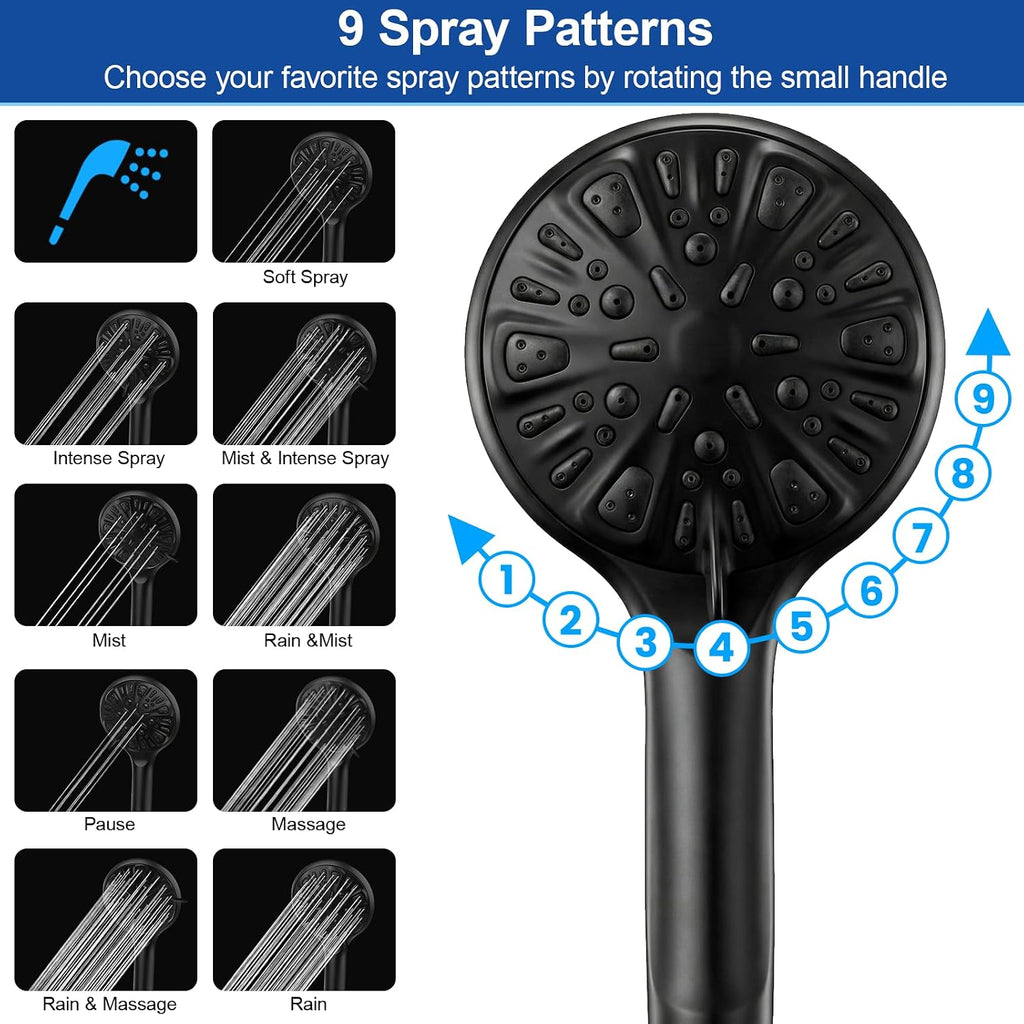 Cabezal de ducha de alta presión de 10 pulgadas, cabezal de ducha de mano con brazo de extensión de 11 pulgadas, cabezal antifugas de 9 ajustes con soporte, altura/ángulo ajustable, cromo, negro mate | 9 Settings, Anti-leak Shower Head with 11'' Extension