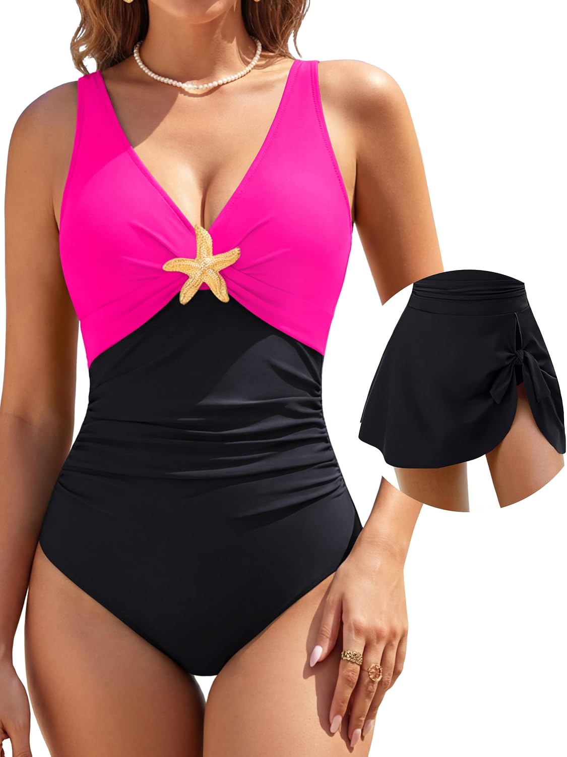 BMJL Traje de baño de una pieza para mujer con falda de natación adelgazante con control de abdomen, traje de baño de metal con nudo de estrella de mar