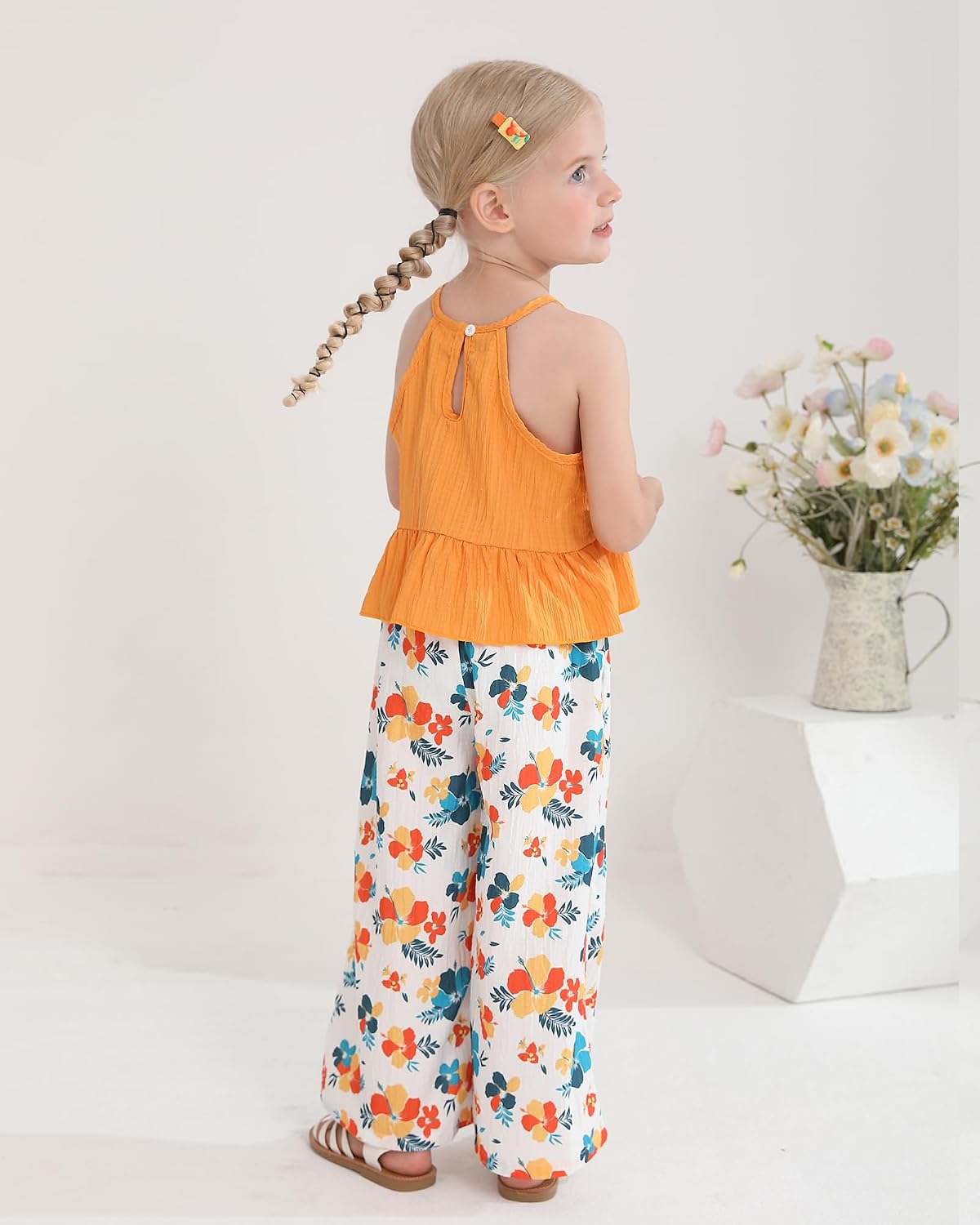 Kucnuzki Ropa de bebé niña pequeña trajes de verano Cami volantes halter tops pantalones de pierna ancha niños conjunto de ropa floral