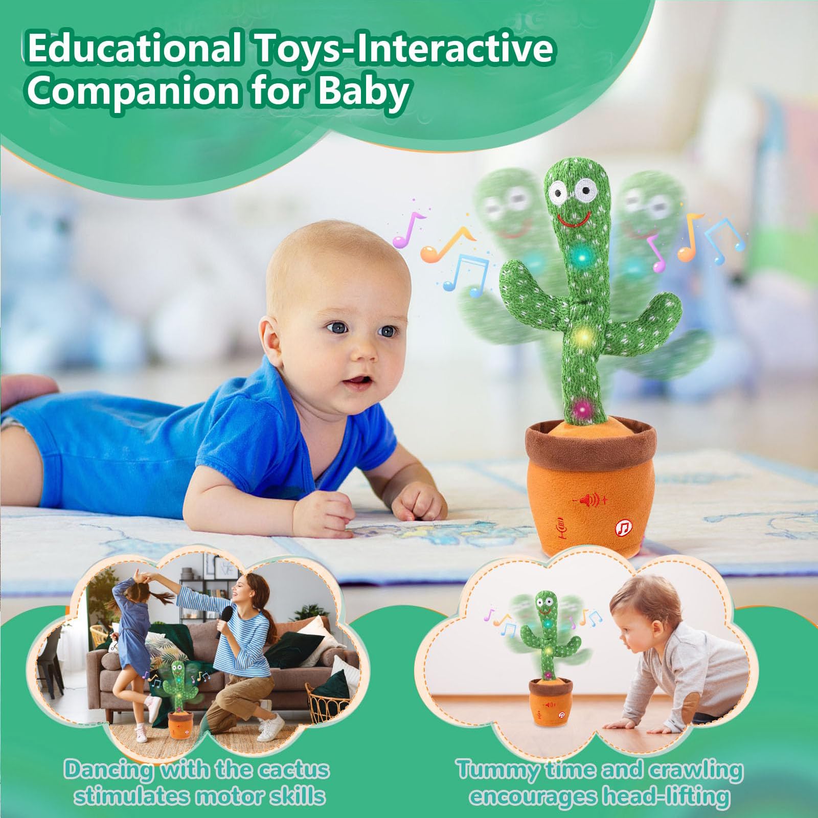 Cactus bailarín parlante - Repite lo que dices graba juguete para bebé | Bebé cantando grabación, imitando, repite lo que dices, musical interactivo, para niños y niñas de 1 año