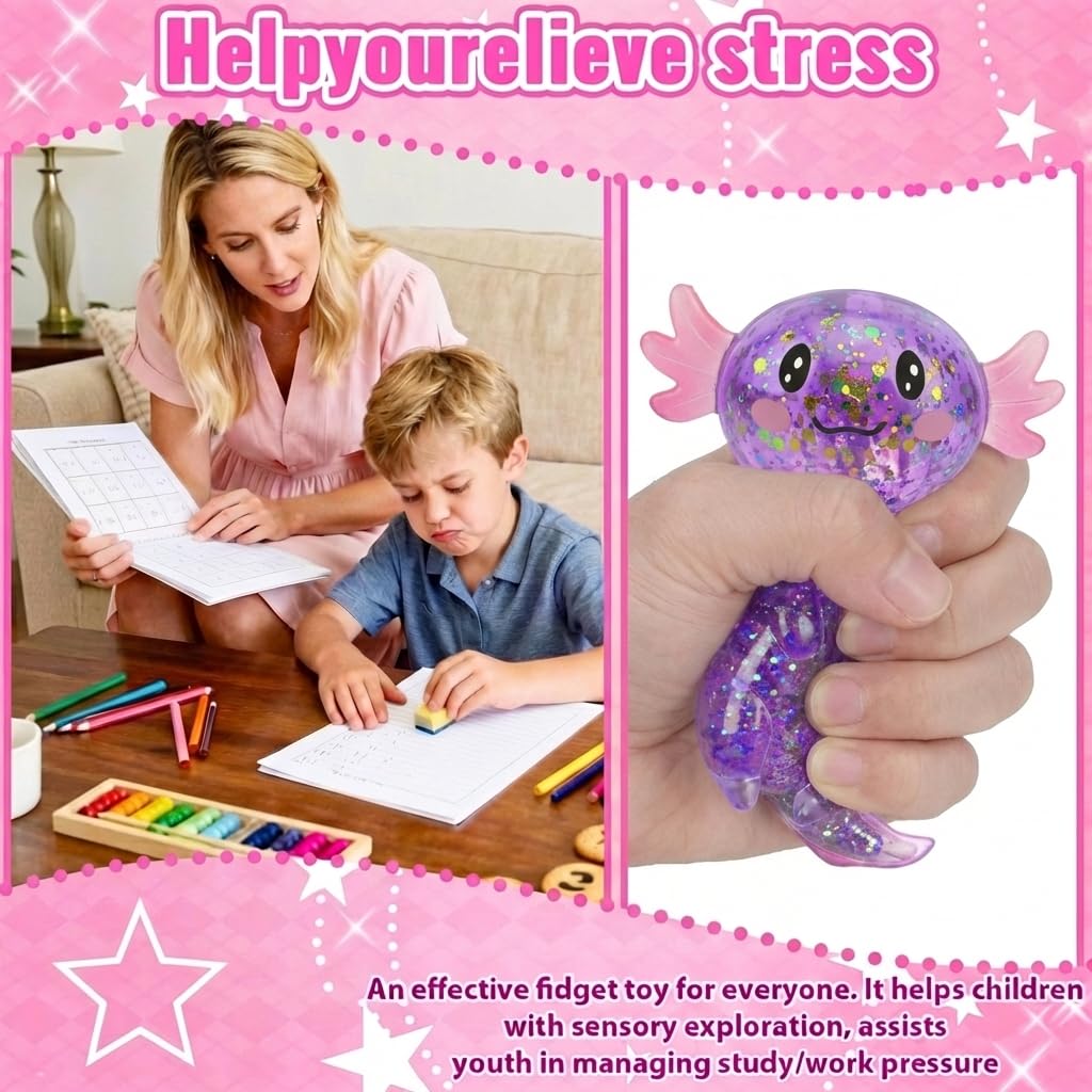 Axolotl - Juguete blando para aliviar el estrés – Lindo juguete para apretar con purpurina para niños y adultos, juguete sensorial para aliviar la ansiedad, recuerdo de fiesta de escritorio | Soft TPR, Floating Glitter, squeeze toy, busy hands, stress rel