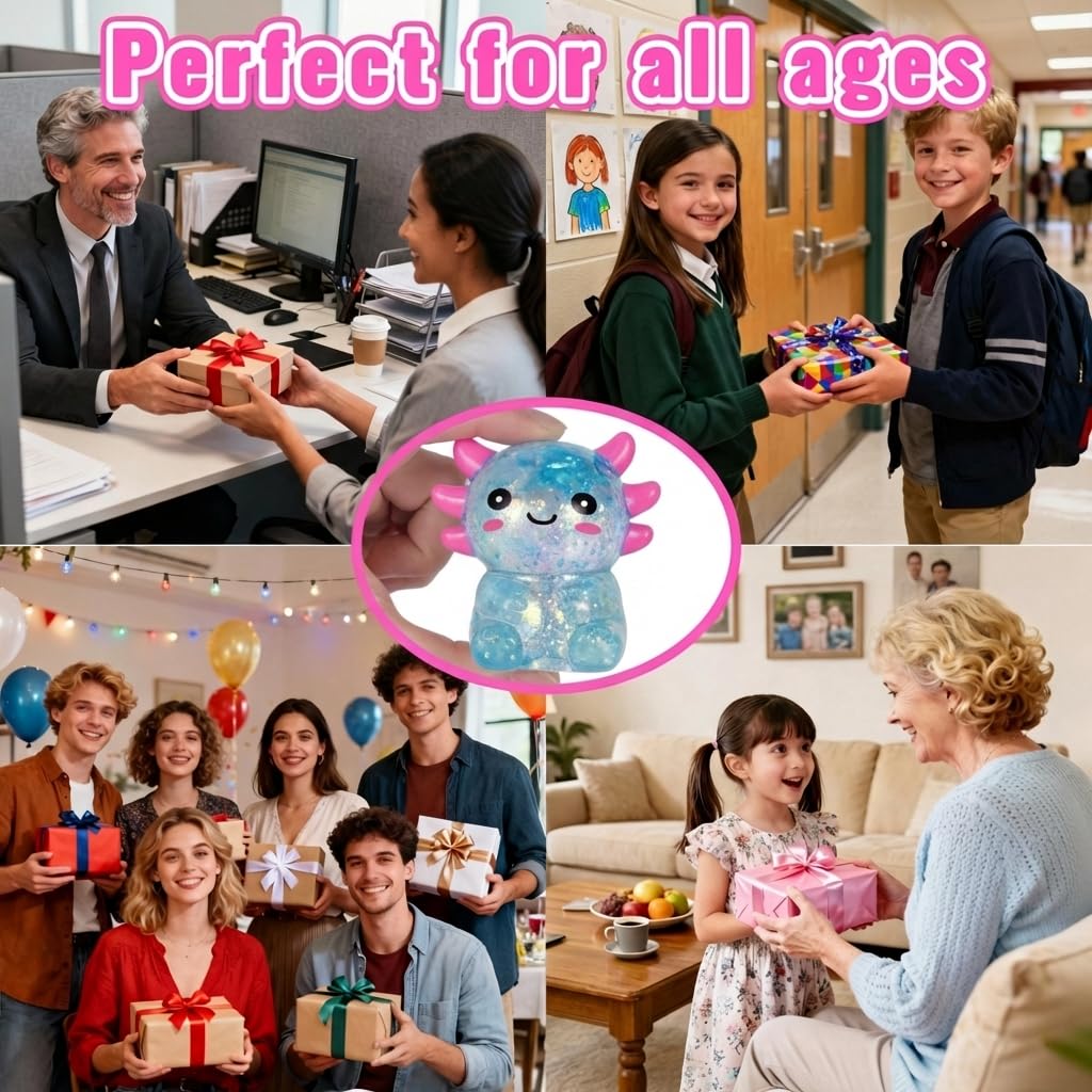 Axolotl - Juguete blando para aliviar el estrés – Lindo juguete para apretar con purpurina para niños y adultos, juguete sensorial para aliviar la ansiedad, recuerdo de fiesta de escritorio | Soft TPR, Floating Glitter, squeeze toy, busy hands, stress rel