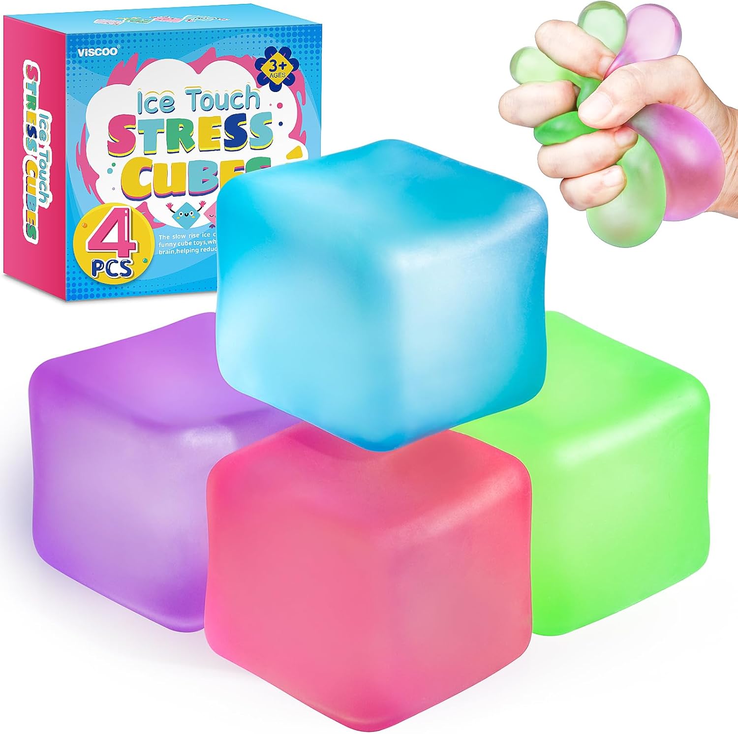 Paquete de 4 Cubos Antiestrés, Pelotas Antiestrés con Forma de Cubo de Hielo de Elevación Lenta para Adultos y Niños, Juguete Sensorial Fidget para Alivio de Ansiedad, Pelotas Blandas de Forma | Sensory Fidget Toy for Anxiety Relief, Square Shape Cube Squ