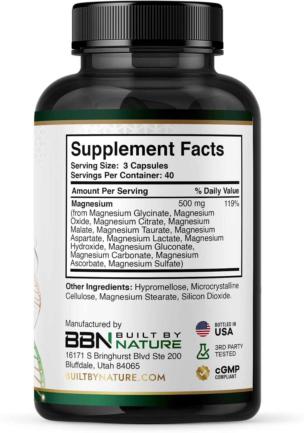 Built By Nature Complejo de magnesio de 500 mg, 120 cápsulas 12 formas de magnesio, glicinato, citrato, malato, óxido, quelado para absorción, músculo, nervio, corazón y apoyo para dormir
