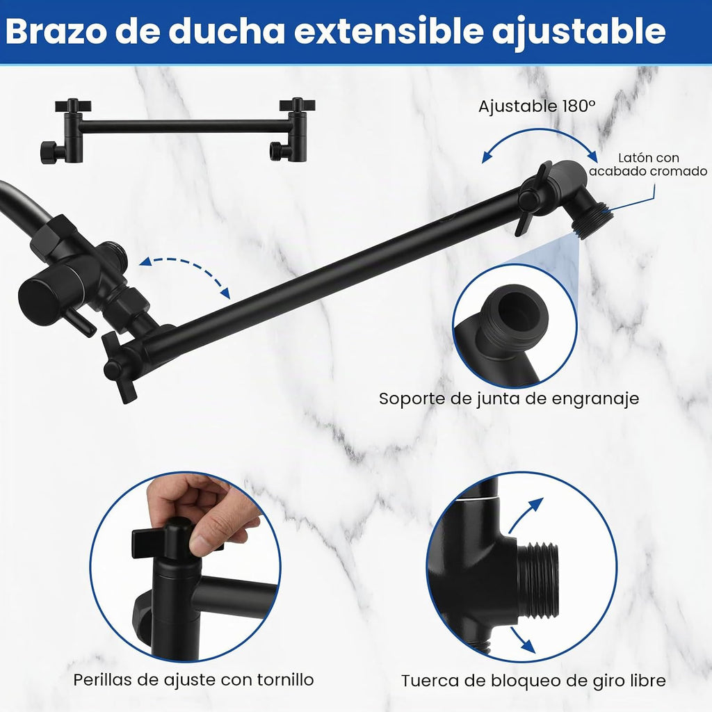 Cabezal de ducha de alta presión de 10 pulgadas, cabezal de ducha de mano con brazo de extensión de 11 pulgadas, cabezal antifugas de 9 ajustes con soporte, altura/ángulo ajustable, cromo, negro mate | 9 Settings, Anti-leak Shower Head with 11'' Extension