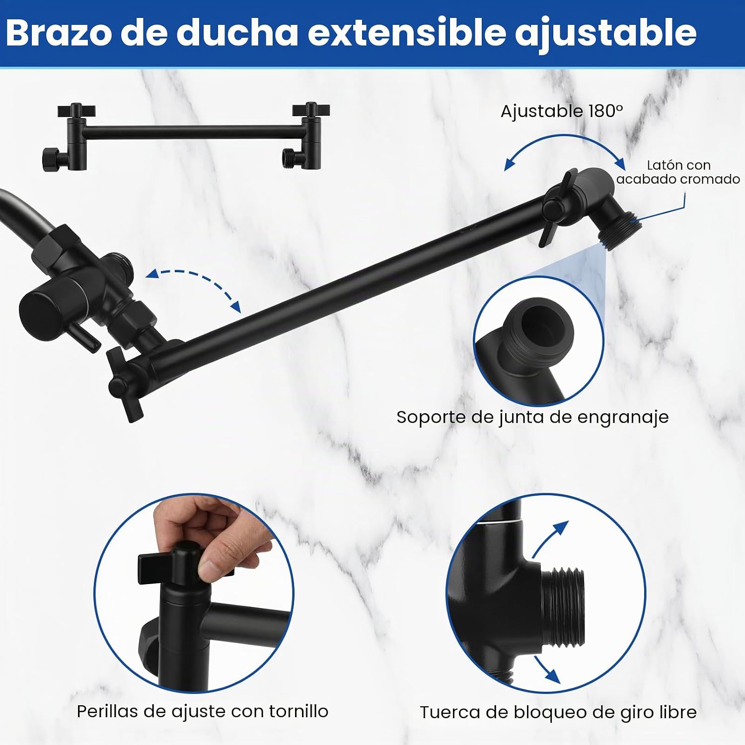 Cabezal de ducha de alta presión de 10 pulgadas, cabezal de ducha de mano con brazo de extensión de 11 pulgadas, cabezal antifugas de 9 ajustes con soporte, altura/ángulo ajustable, cromo, negro mate | 9 Settings, Anti-leak Shower Head with 11'' Extension