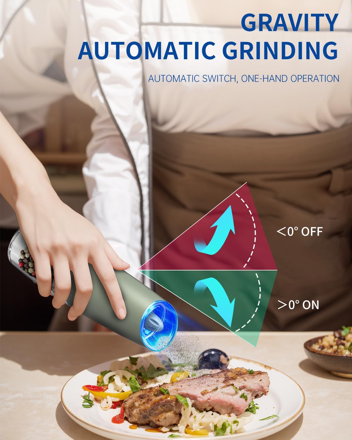 CIRCLE JOY Gravity - Juego de molinillo eléctrico de sal y pimienta con luz LED, funciona con pilas, grosor ajustable, gran capacidad, para el hogar, cocina, barbacoa