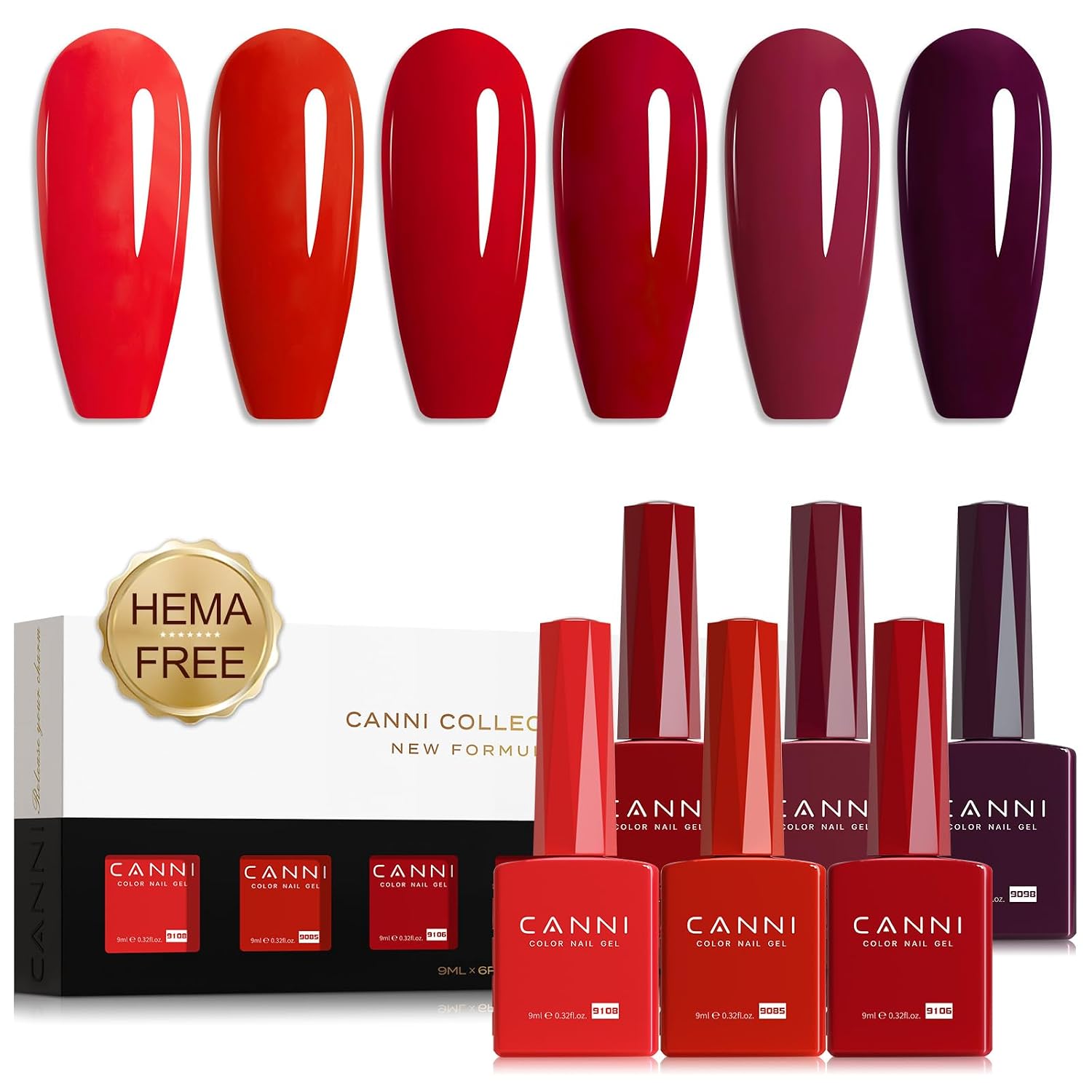 CANNI - Juego de esmalte de gel para uñas color rojo, 6 colores de 9ML, rojo oscuro clásico, borgoña, kit de esmalte de gel UV LED de fácil retiro para manicura DIY para todas las estaciones, arte de | Smooth Application • Highly Pigmented • Glossy Finish