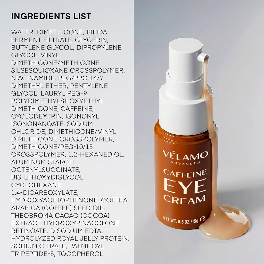 VELAMO ADVANCED Caffeine Eye Cream for Dark Circles, Puffiness & Under Eye Bags – Energizing & Depuffing Under Eye Cream to Smooth Wrinkles & Fine Lines – Dermatologist Tested 0.5 OZ/15g