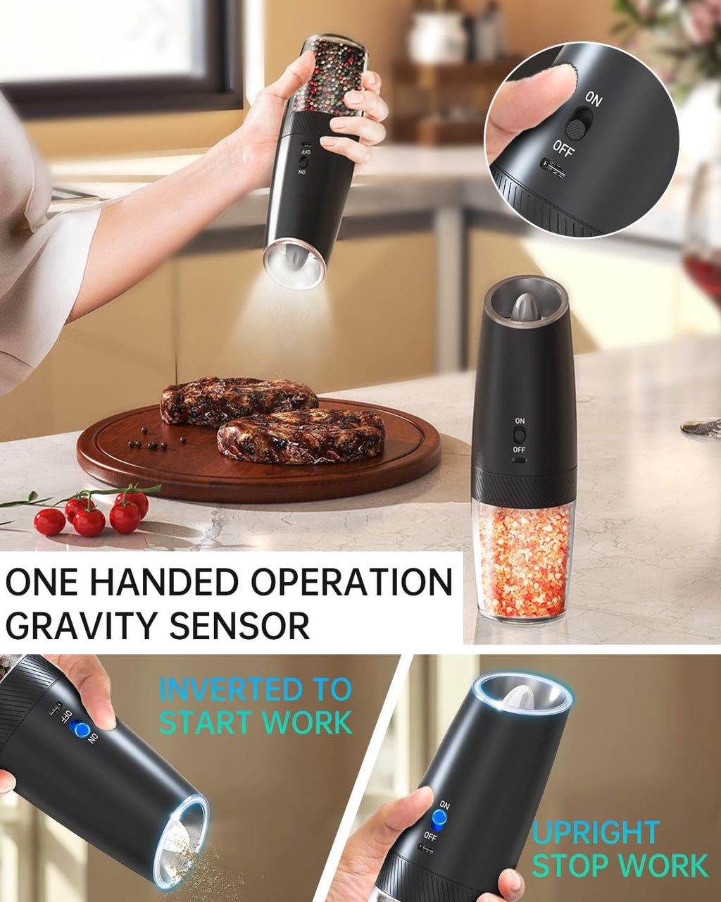 CIRCLE JOY Gravity - Juego de molinillo eléctrico de sal y pimienta con luz LED, funciona con pilas, grosor ajustable, gran capacidad, para el hogar, cocina, barbacoa