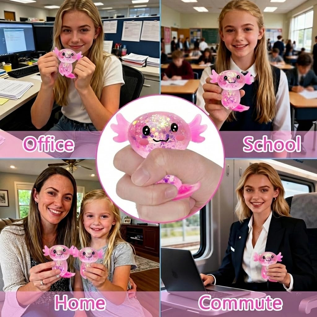 Axolotl - Juguete blando para aliviar el estrés – Lindo juguete para apretar con purpurina para niños y adultos, juguete sensorial para aliviar la ansiedad, recuerdo de fiesta de escritorio | Soft TPR, Floating Glitter, squeeze toy, busy hands, stress rel