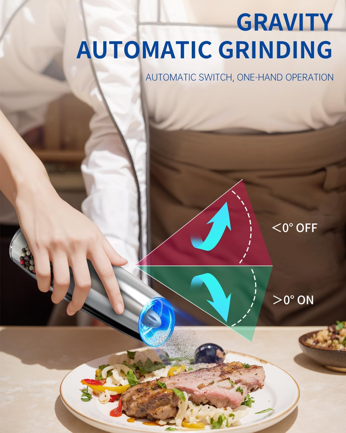 CIRCLE JOY Gravity - Juego de molinillo eléctrico de sal y pimienta con luz LED, funciona con pilas, grosor ajustable, gran capacidad, para el hogar, cocina, barbacoa