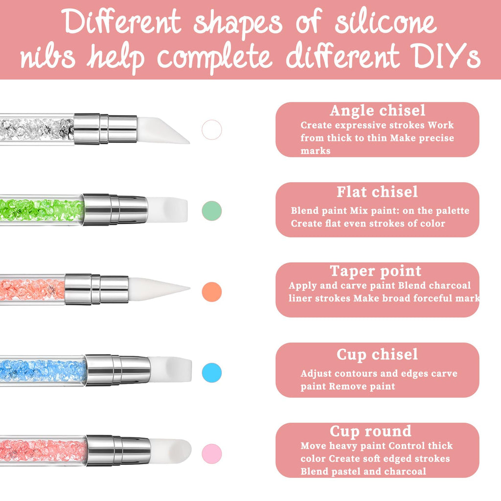 3 bolígrafos de escultura para arte de uñas, herramientas de uñas de silicona de doble punta, cabeza de silicona, pinceles de arte de uñas con mango acrílico, bolígrafo de tallado de esmalte de uñas | Silicone Head Acrylic Handle Nail Art Brushes, Rhinest