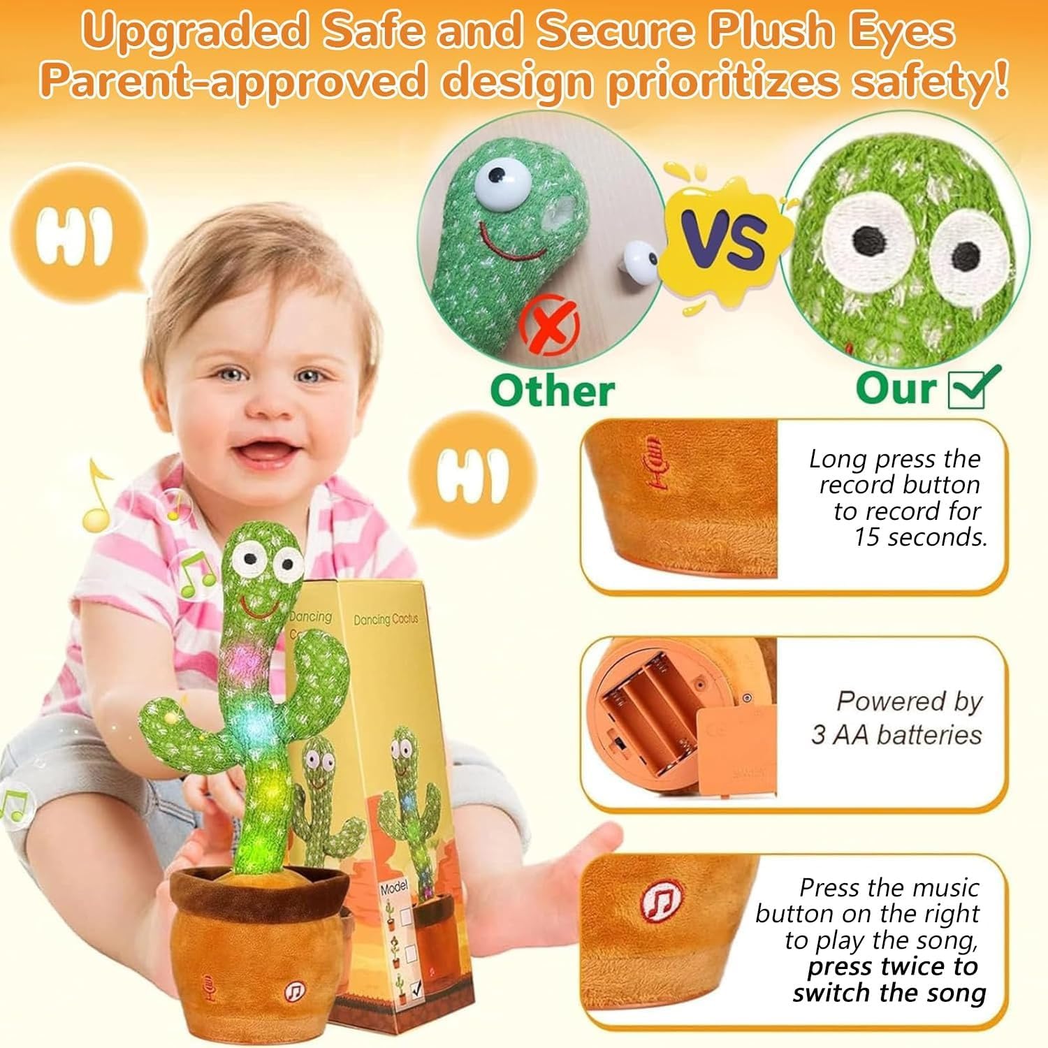 Cactus bailarín parlante - Repite lo que dices graba juguete para bebé | Bebé cantando grabación, imitando, repite lo que dices, musical interactivo, para niños y niñas de 1 año