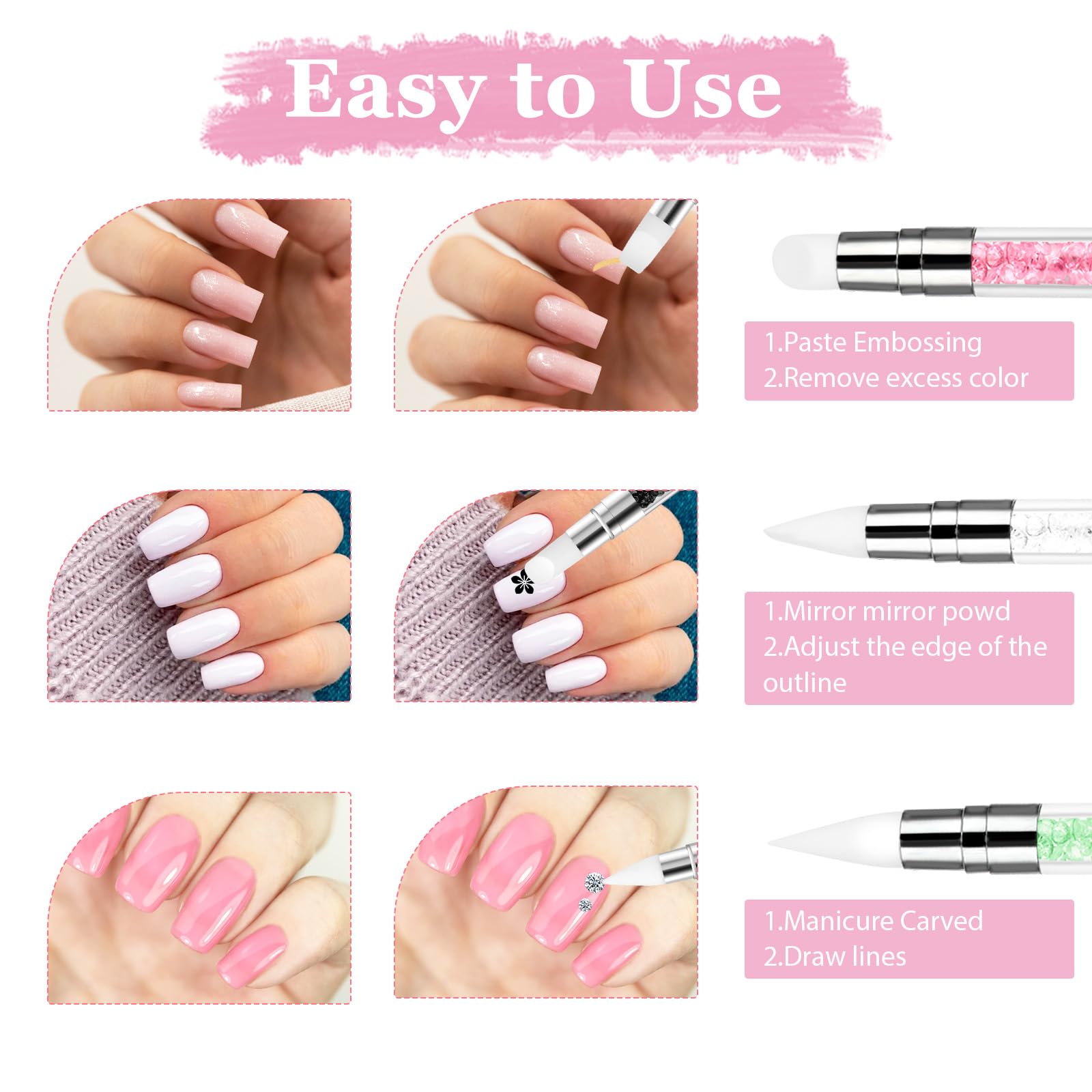 3 bolígrafos de escultura para arte de uñas, herramientas de uñas de silicona de doble punta, cabeza de silicona, pinceles de arte de uñas con mango acrílico, bolígrafo de tallado de esmalte de uñas | Silicone Head Acrylic Handle Nail Art Brushes, Rhinest