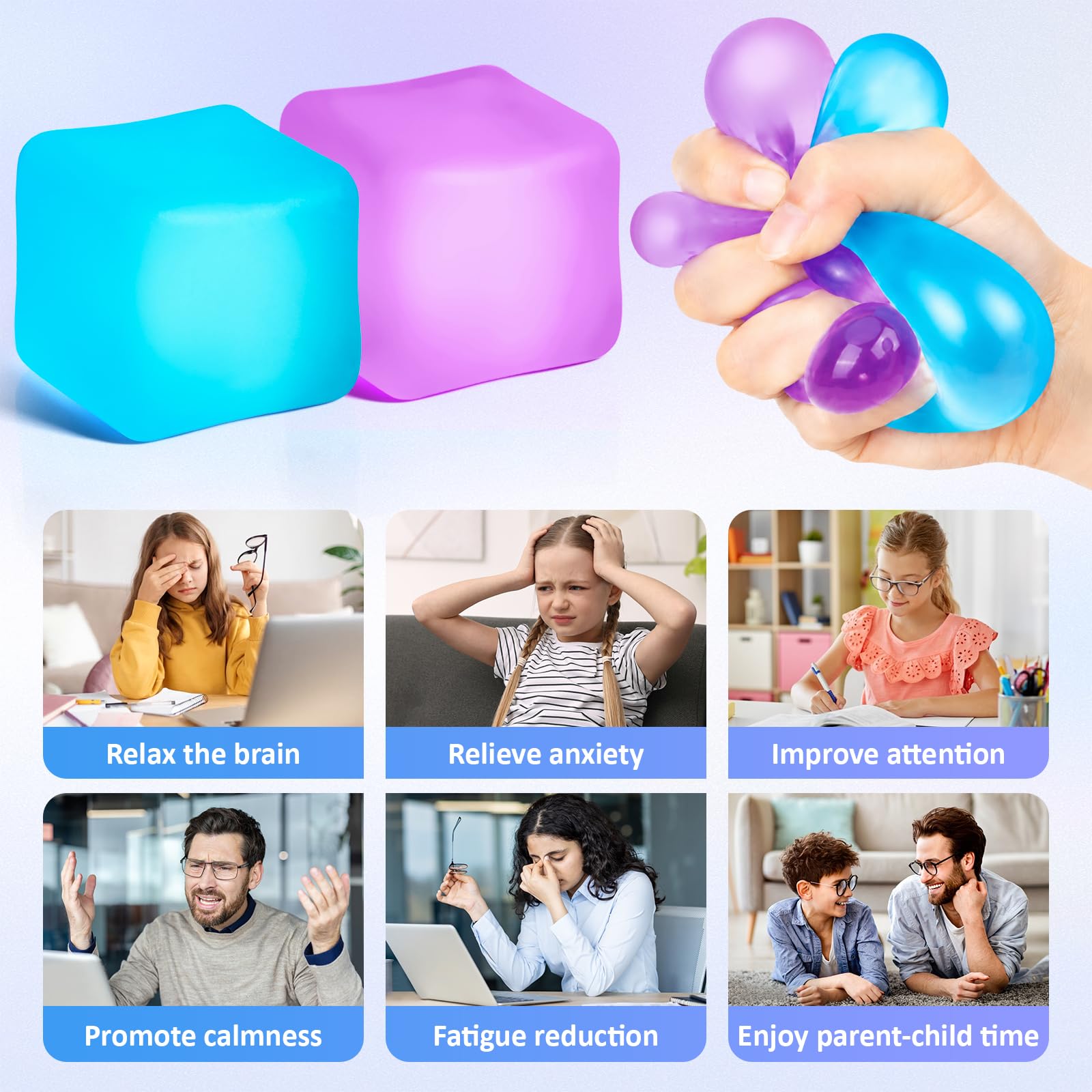 Paquete de 4 Cubos Antiestrés, Pelotas Antiestrés con Forma de Cubo de Hielo de Elevación Lenta para Adultos y Niños, Juguete Sensorial Fidget para Alivio de Ansiedad, Pelotas Blandas de Forma | Sensory Fidget Toy for Anxiety Relief, Square Shape Cube Squ