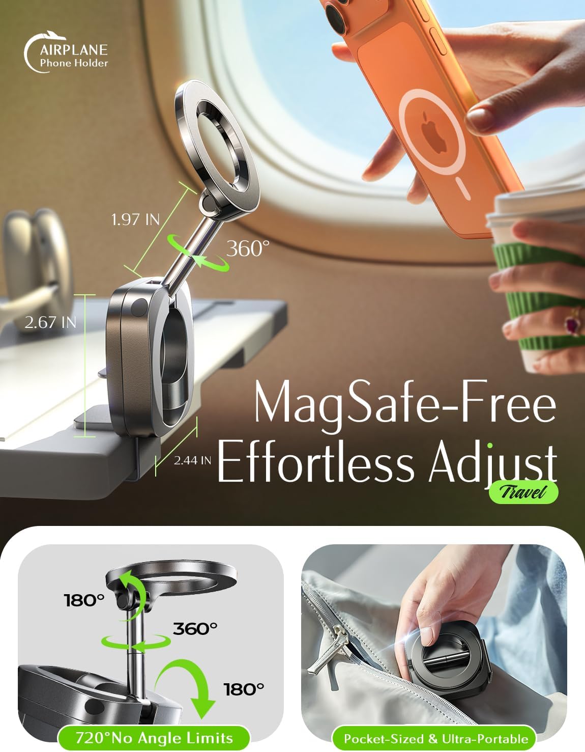 LISEN - Soporte de teléfono para el escritorio de viaje en avión | Phone Stand Hands Free MagSafe Travel Accessories Flying Long Flight Essentials Airplane Gadgets Gifts for Men