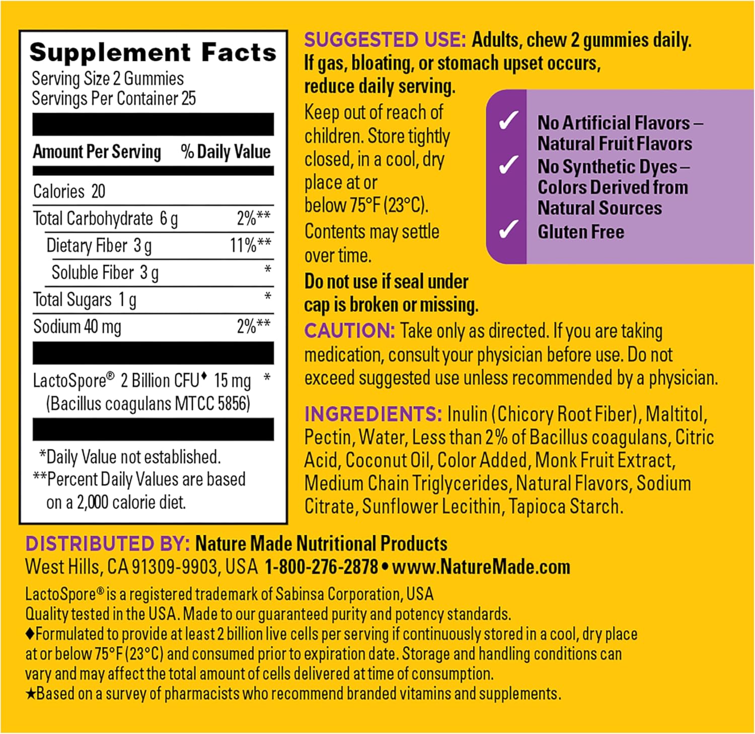 Nature Made - Gomitas de fibra probióticas + prebióticas para la salud intestinal diaria, suplemento de soporte digestivo con probióticos y fibra, 50 gomitas, suministro para 25 días | Fiber Supplement for Daily Gut Health, Prebiotics and Probiotics for W