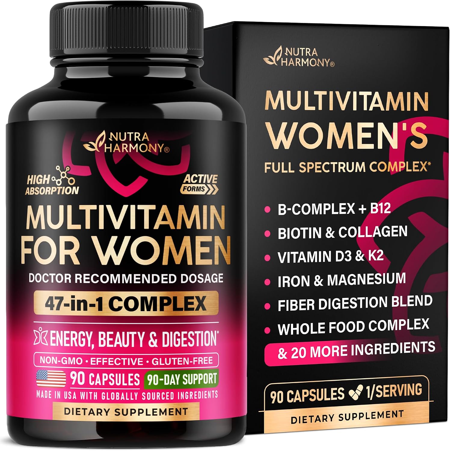 Multivitamínico para mujer - Complejo B | Alimentos integrales | Apoyo al crecimiento del cabello | Digestión y metabolismo | Hierro - Multivitamínico 47 en 1 para mujer - Biodisponible y suave para | Womens Multivitamin - Whole Foods | Hair Growth Suppor