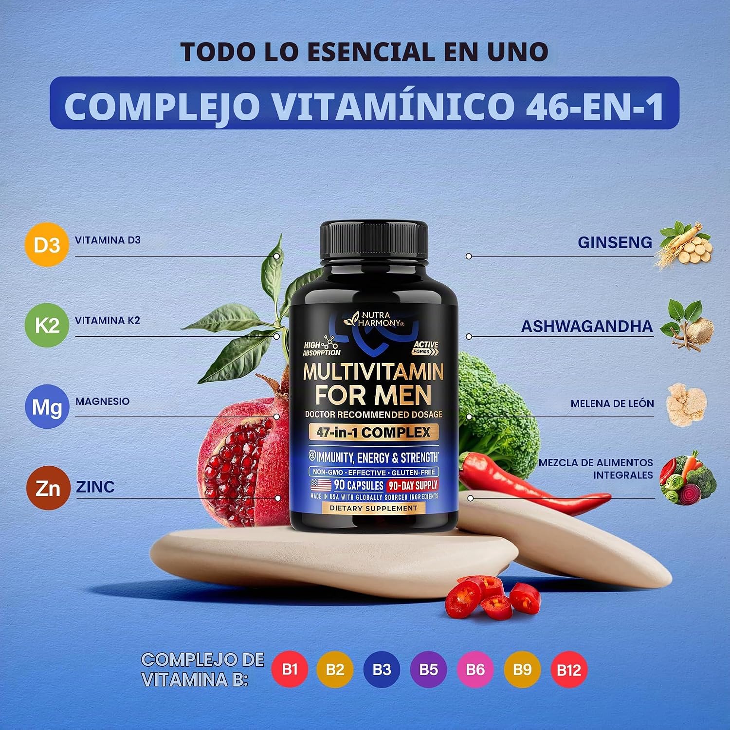 Multivitamínico para hombres - Complejo B y B12 | Whole Foods & Enzimas - 90 cápsulas | Mens Multivitamin 46in1 - Energy, Focus & Brain | Men's Health Complex - Bioavailable & Gentle on Stomach - Lab Tested, 1/Day