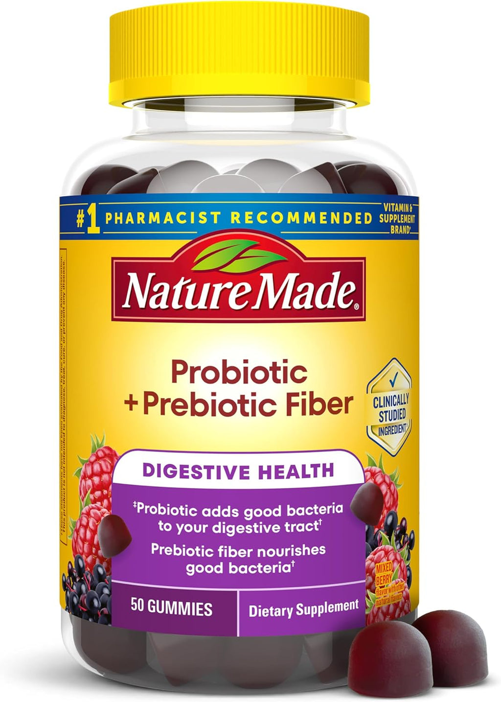 Nature Made - Gomitas de fibra probióticas + prebióticas para la salud intestinal diaria, suplemento de soporte digestivo con probióticos y fibra, 50 gomitas, suministro para 25 días | Fiber Supplement for Daily Gut Health, Prebiotics and Probiotics for W